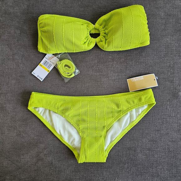 NWT Michael Kors Solid Lime Textured Ring Bandeau Top & Bottom 2 Pc's Set Size M